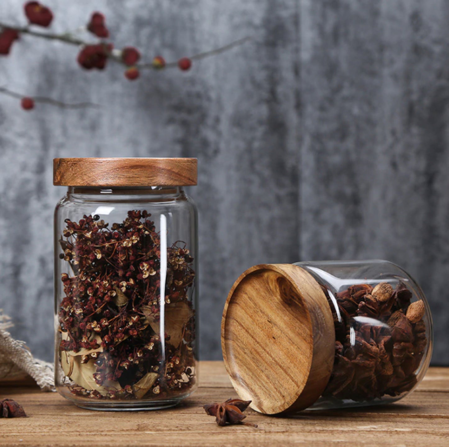 Glass storage canisters with acacia wood lids